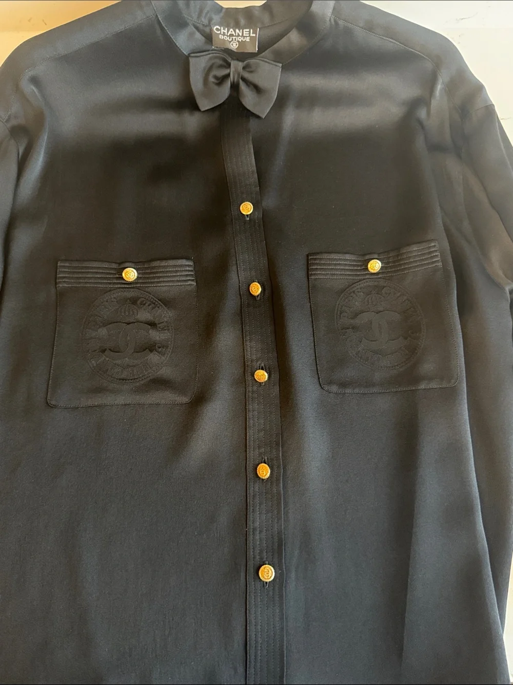 CHANEL Black Silk Bow-Collar Blouse with Gold CC Buttons